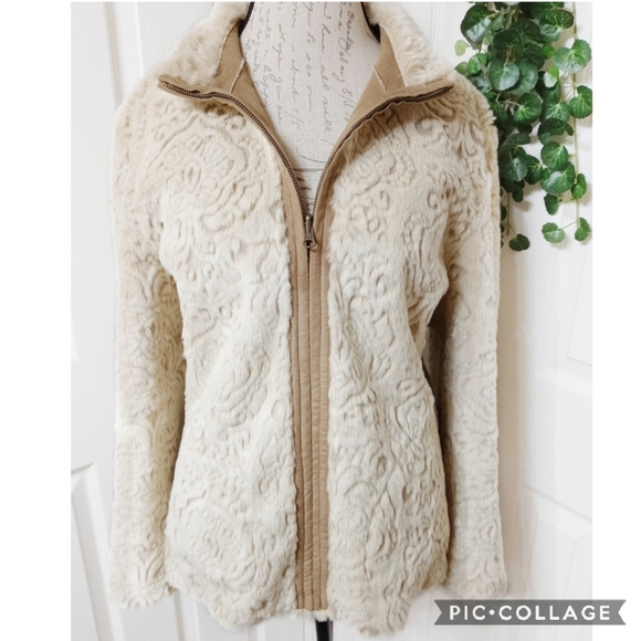 Coldwater Creek Reversible Tan & Cream Coat Size L 14 - Picture 3 of 9